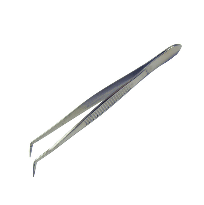 160mm Forceps. Serrated. Curved fine tip. Stainless Steel